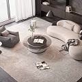 Modern Beige Curved Sofa Round Coffee Table Set with Gray Accent Chair and Plush Rug