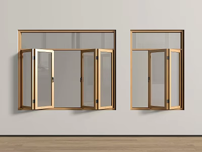 Modern Wooden Frame Windows Open With Glass Panes On White Wall Interior 3d model