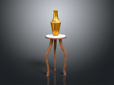Artistic Golden Vase Sculpture On White Marble Table With Wooden Curved Legs 3d model