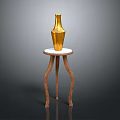 Artistic Golden Vase Sculpture On White Marble Table With Wooden Curved Legs