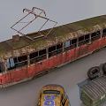 Old Tram Bus With Yellow Taxi Tires Phone Booth Benches And Road Barrier