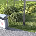 Lush Green Plants And Lawn With Trash Bin And Lamp Post In Park Landscaping