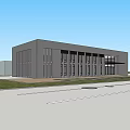 Modern Office Building Exterior With Vertical Strip Windows Plaza And Grass Area