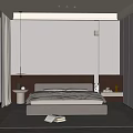 Modern Minimalist Bedroom Interior With Bed Bedhead LED Strip Lights Nightstands Large Windows And Rug