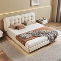 Double Bed With White Upholstered Headboard Plaid Blanket Beige Brown Pillows And White Nightstands