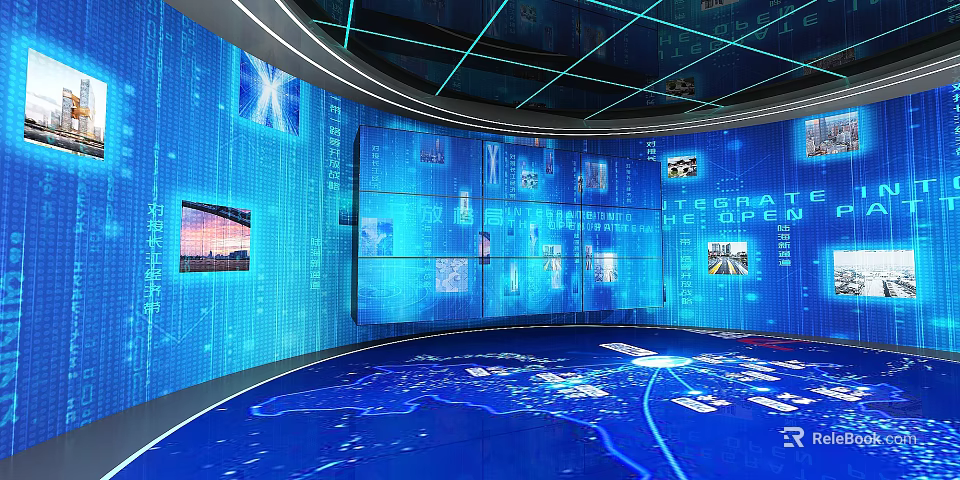 Digital Interactive Exhibition Hall With Blue Screens World Map Projection And Technology Elements 3d model 