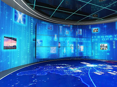 Digital Interactive Exhibition Hall With Blue Screens World Map Projection And Technology Elements 3d model