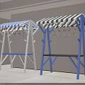 Two Outdoor Swings With Striped Canopies White Blue Frames Against White Wall Light Tiled Floor