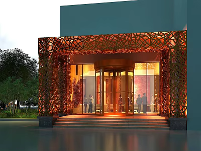 Modern Building Main Entrance With Illuminated Laser-Cut Panels And Revolving Door 3d model