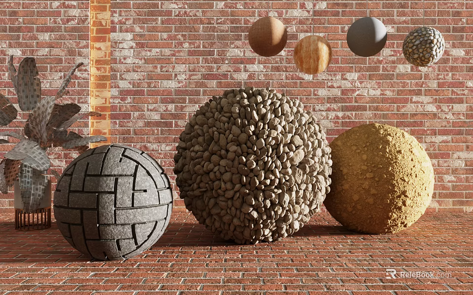 Textured Stone and Wooden Spheres with Rough and Smooth Surfaces on Brick Wall Background 3d model 
