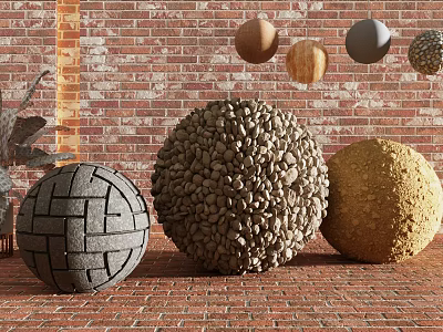 Textured Stone and Wooden Spheres with Rough and Smooth Surfaces on Brick Wall Background 3d model