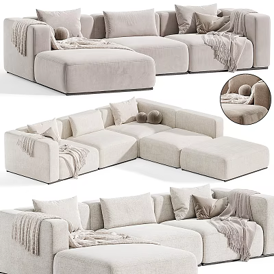 Modern L Shaped Three Seater Fabric Sofa With Soft Pillows And Cozy Throw Blankets 3d model