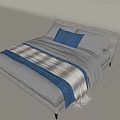 Modern Double Bed with Upholstered Headboard White Sheets Blue Beige Striped Blanket and Pillows