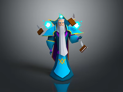 Mystical Blue Robed Wizard Character With Hat Glowing Orbs And Floating Books 3d model