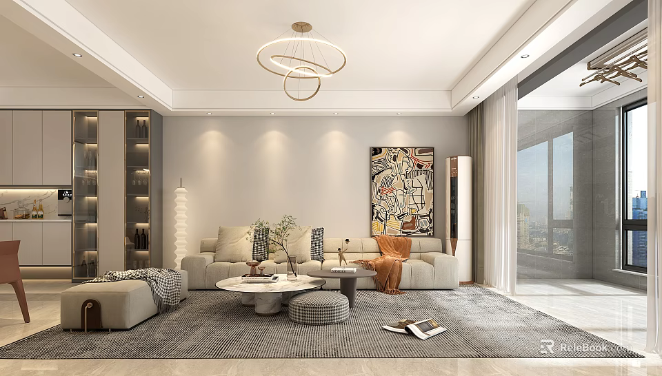 Modern Living and Dining Room Interior With Sofa Coffee Table Chandelier And Artwork 3d model 