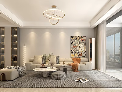 Modern Living and Dining Room Interior With Sofa Coffee Table Chandelier And Artwork 3d model