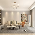 Modern Living and Dining Room Interior With Sofa Coffee Table Chandelier And Artwork
