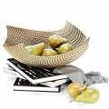 Elegant Decorative Ornament Set With Woven Bowl Pears Black Marble Bowl Figs Books And Cloth