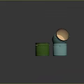 Colorful Buckets Stacked As Daily Living Supplies On Wooden Round Platform