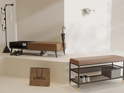 Black And Brown Storage Benches In Modern Entryway With Coat Rack Umbrella Shopping Bag 3d model