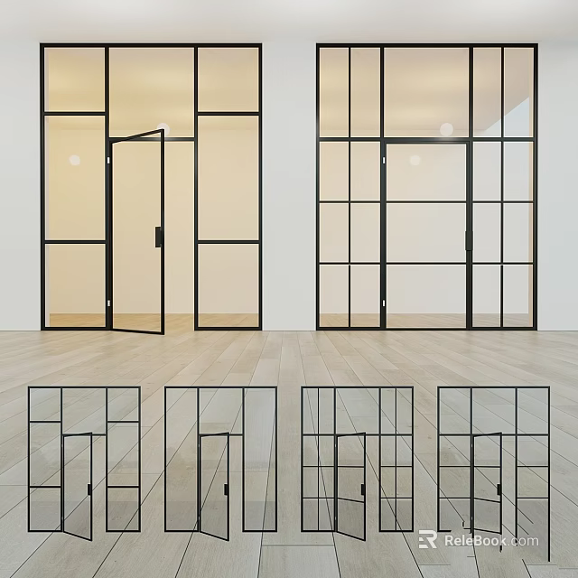 Modern Glass Doors With Black Frames And Various Designs In Indoor Wooden Floor Space 3d model 