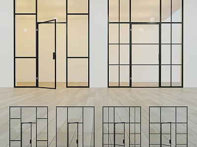 Modern Glass Doors With Black Frames And Various Designs In Indoor Wooden Floor Space 3d model