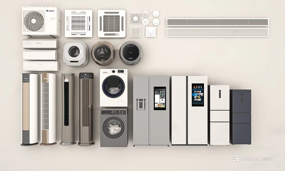 Refrigerators and Freezers in Home Appliance Display With Air Conditioners and Washing Machines 3d model 
