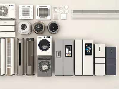 Refrigerators and Freezers in Home Appliance Display With Air Conditioners and Washing Machines 3d model