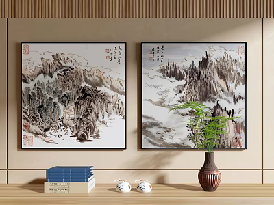 Two Chinese Landscape Paintings on Wall with Mountain Cloud Scenery Books Ornaments and Potted Plant 3d model