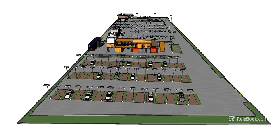 Well Organized Parking Lot With Multiple Spaces Parked Cars And Lighting Poles 3d model 