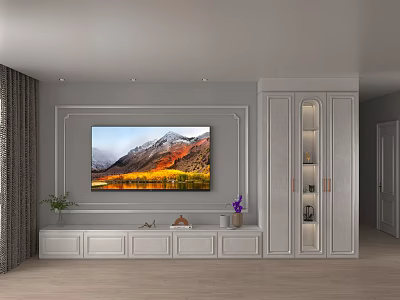 Modern White TV Stand in Living Room with Decorative Items and Storage Cabinet 3d model