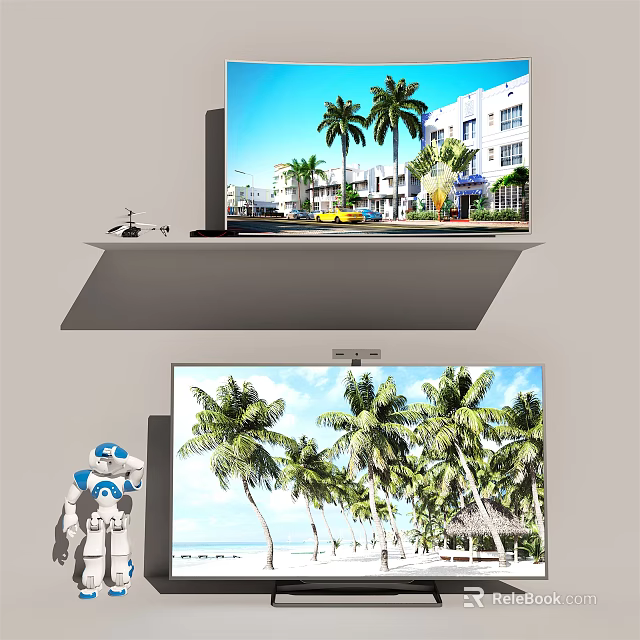 Modern Television Displaying Tropical Beach Scene With Palm Trees And Buildings 3d model 