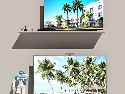 Modern Television Displaying Tropical Beach Scene With Palm Trees And Buildings 3d model