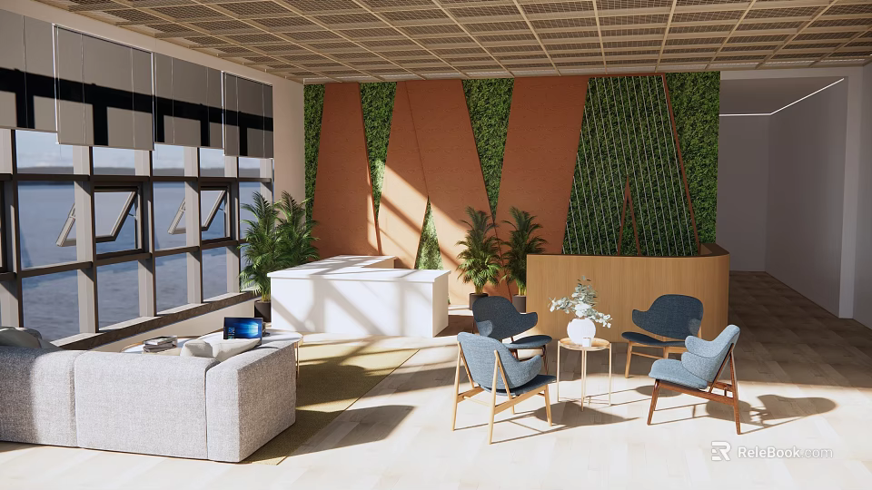 Bright Modern Reception Area With Living Plant Wall White Desk And Cozy Sofa Chairs 3d model 