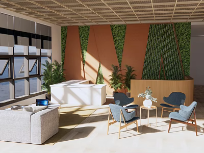 Bright Modern Reception Area With Living Plant Wall White Desk And Cozy Sofa Chairs 3d model