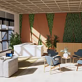 Bright Modern Reception Area With Living Plant Wall White Desk And Cozy Sofa Chairs