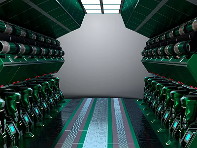 Futuristic Sci Fi Lab Facility With Glowing Green Chambers And Metallic Corridor 3d model