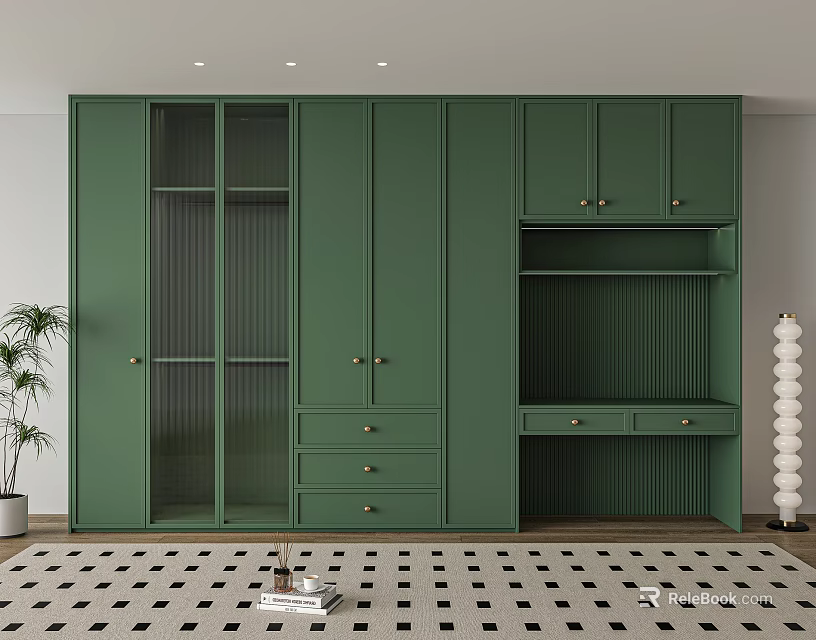 Modern Green Wardrobe Design With Glass Doors Drawers And Open Shelves 3d model 
