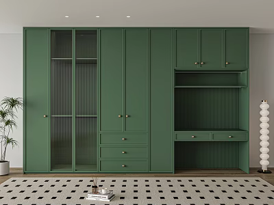 Modern Green Wardrobe Design With Glass Doors Drawers And Open Shelves 3d model