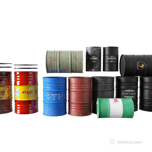 Industrial Equipment Drums With Various Colors Rustic Design And Chemical Labels 3d model 