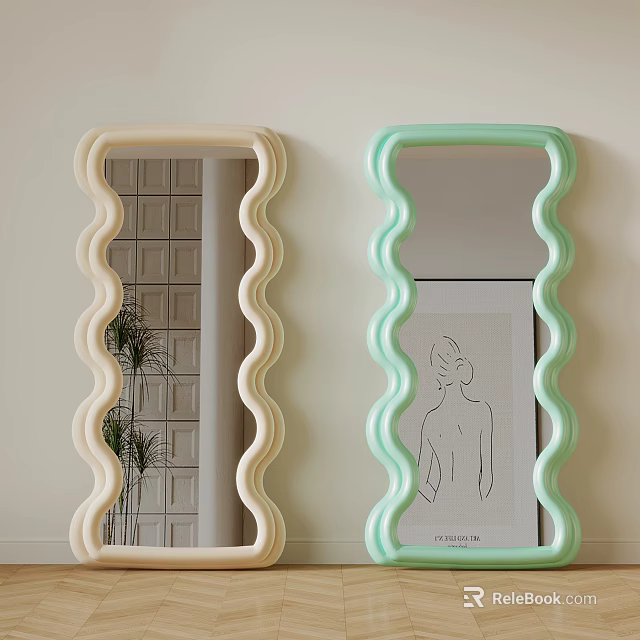 Cream And Mint Green Mirrors With Wavy Frames For Interior Wall Decor 3d model 