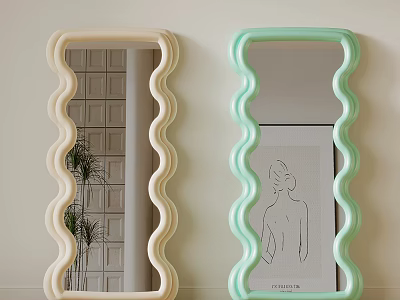 Cream And Mint Green Mirrors With Wavy Frames For Interior Wall Decor 3d model