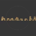 Cartoon Scene of Ancient Wooden Architecture Models Arranged in Line with Towers and Houses