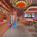 Modern Stylish Restaurant Interior With Neon Lights Red Walls Dining Tables And Display Shelves