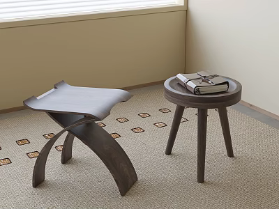 Two Wooden Stools With Curved Legs Round Top Featuring Books On Geometric Carpet 3d model
