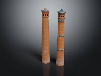 Traditional Brick Towers With Tall Structure Green Blue Top And Circular Blue Bands 3d model