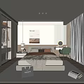 Modern Bedroom Interior With Large Bed Wardrobe Green Chair Window And Area Rug