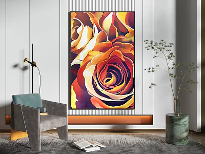 Vibrant Rose Painting In Modern Living Room With Gray Chair Blue Cushion And Green Vase 3d model