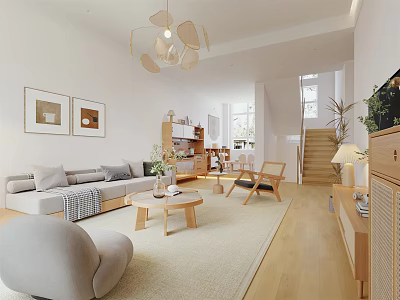 Modern Minimalist Living and Dining Area With Sofa Coffee Table Pendant Light and Wall Art 3d model