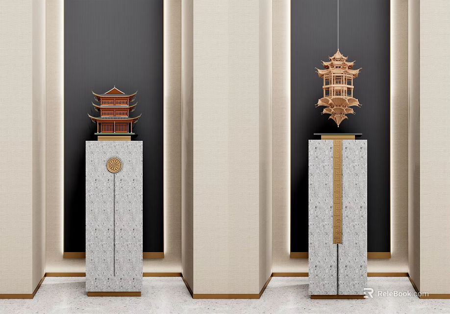 Pagoda Shaped Ornament Decoration Set With Patterned Pedestals And Modern Design 3d model 